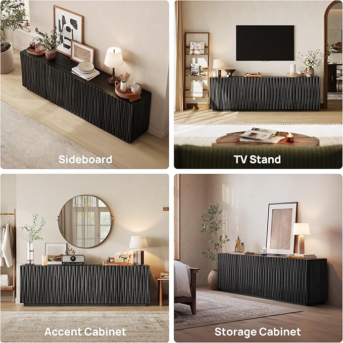 CHIC HOUSE 70" Fluted Mid Century Modern Buffet Cabinet with Storage, Farmhouse Storage Sideboard Cabinet with Doors, Accent Cabinet & Media Console for Living Room, Entryway, Black Walnut