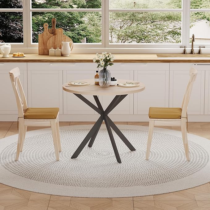 ChooChoo Round Dining Table for 2, Farmhouse Wood Kitchen Table, Circle Dinner Table for Kitchen & Dining Room, Small Space, 31.5In, Natural Oak