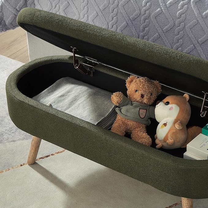 42.25" Ottoman with Storage, Storage Ottoman Bench with Safety Hinge, Foam End of Bed Bench, Upholstered Entryway Bench for Bedroom, Living Room & Window, Holds up to 330 lb,Dark Green