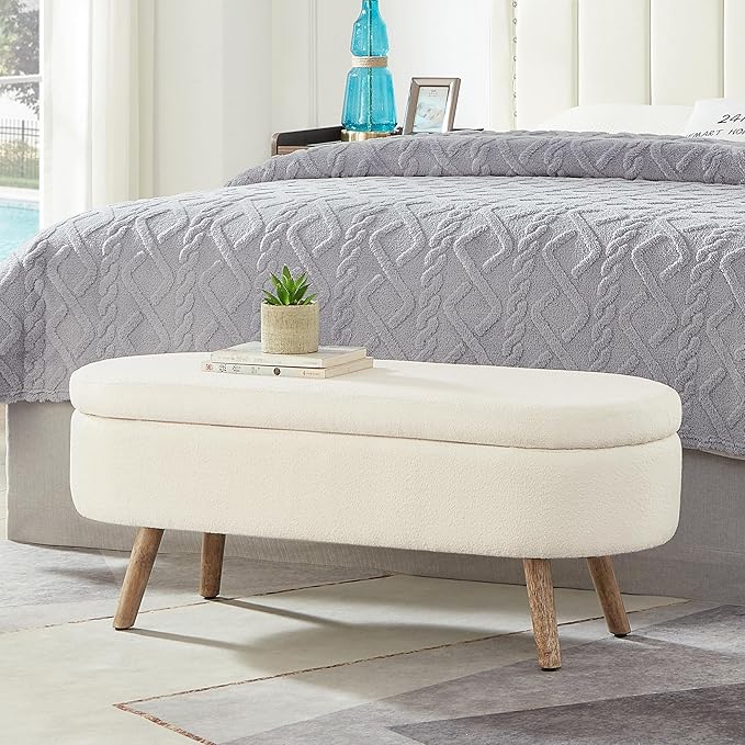 42.25" Ottoman with Storage, Storage Ottoman Bench with Safety Hinge, Foam End of Bed Bench, Upholstered Entryway Bench for Bedroom, Living Room & Window, Holds up to 330 lb, Ivory