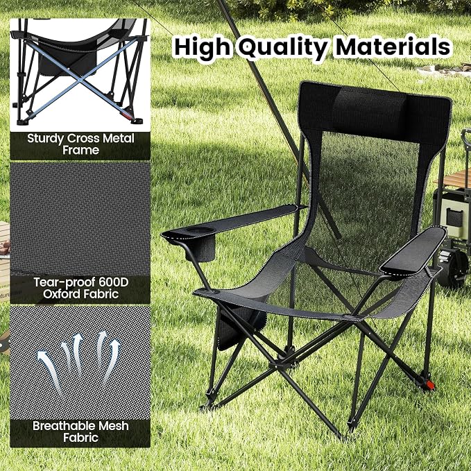 GYMAX Reclining Camping Chairs with Footrest, Lightweight Foldable Camping Chairs with Cup Holders, Adjustable Backrest, Headrest, Heavy Duty Camp Chair for Adult Outdoor Fishing Beach (Grey,2)