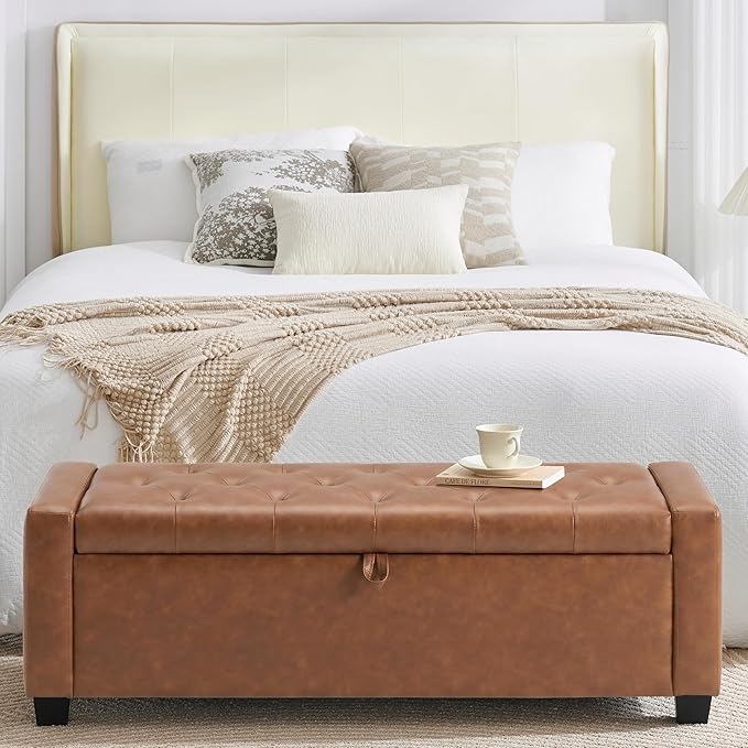 Huatean Home 48" Ottoman with Storage, Storage Ottoman Bench with Safety Hinge, Upholstered Entryway Bench with Seating for Bedroom, Living Room, Holds up to 330 lb, Brown
