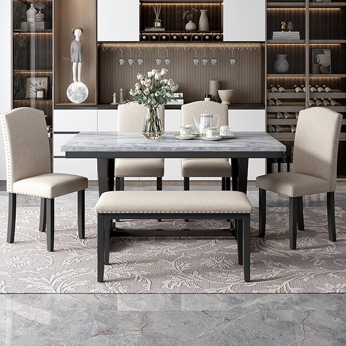 Harper & Bright Designs Modern Style 6-Piece Dining Table with 4 Chairs & 1 Bench, Table with Marbled Veneers Tabletop and V-Shaped Table Legs (White)