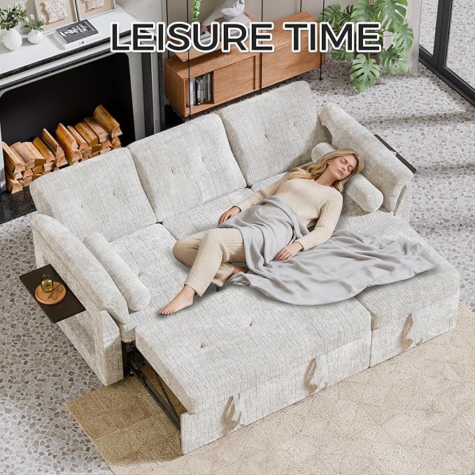 Convertible Sleeper Sofa Bed, 63 Inch Chenille Pull Out Couch with Side Table & Adjustable Backrest, Sectional Sleeper Sofa with Pull Out Bed for Living Room, Apartment, Beige