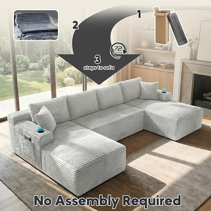 125 Inch Modular Sectional Sofa, Cloud Couch Oversized U Shaped Corduroy Sofa with Storage & Cupholders, Modern Deep Seat Boneless Couches for Living Room, No Assembly Required, Light Grey