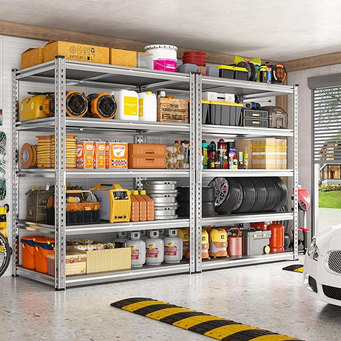 2200LBS Heavy Duty Storage Shelves, 5-Tier Adjustable Metal Shelving Unit with Waterproof PP Boards,Garage Storage Rack for Pantry Basement Warehouse,35"W x 16"D x 72"H,4 Pack Sliver Shelves