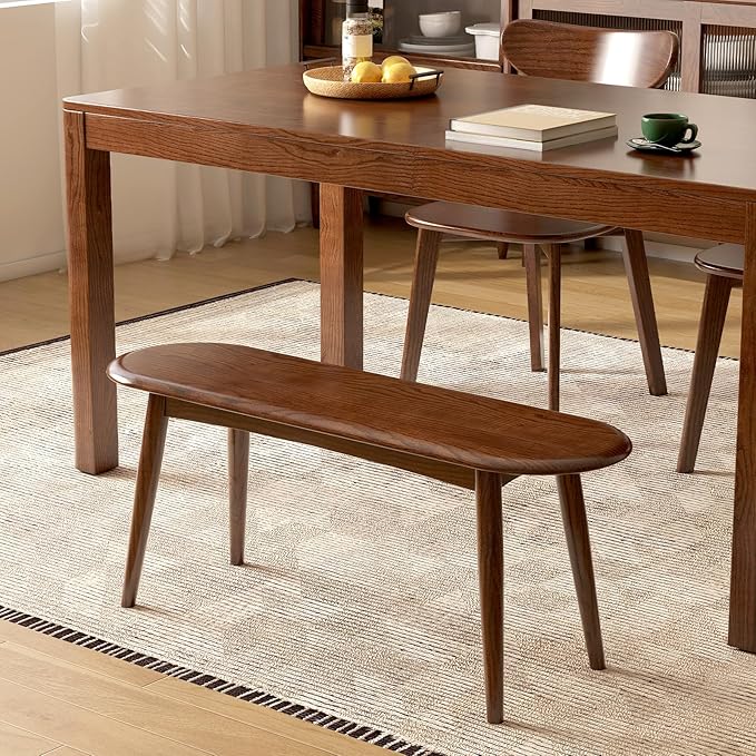 100% Solid Oak Wood Dining Bench, 39.5'' Entryway Bench Ottoman with Rounding Corner Design for Kitchen Living Room Bedroom, Walnut