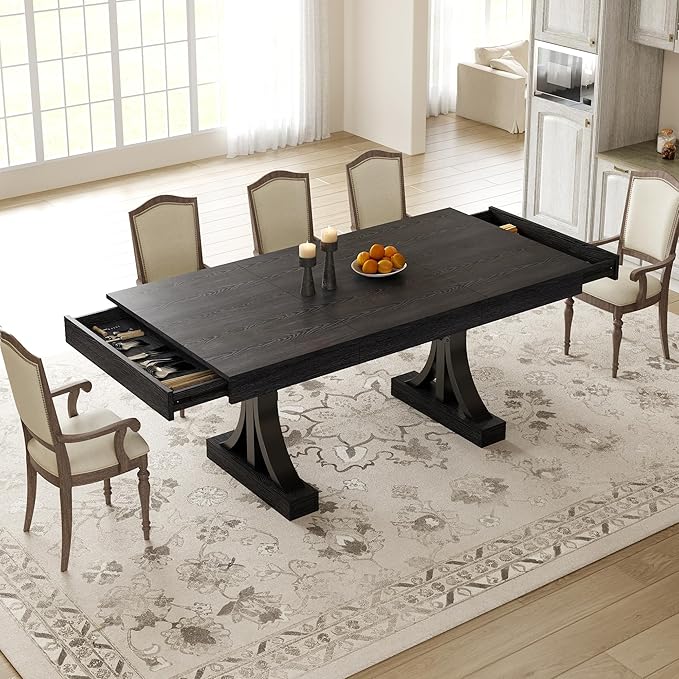 Garvee 71-Inch Dining Table with 2 Drawers,Rectangular Dining Table for 6-8 with Double Pedestal & Sturdy Frame, Industrial Wooden Kitchen Table with Large Tabletop, for Dinner, Rustic Black