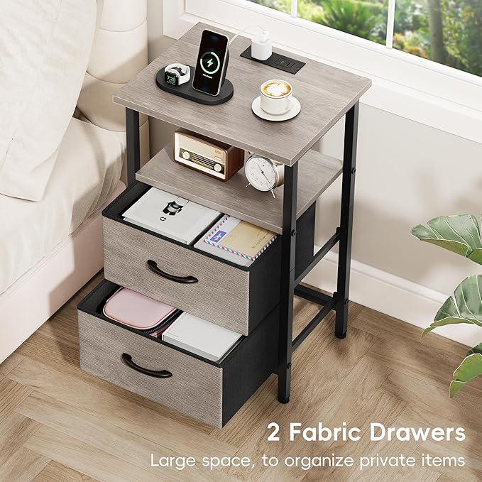 Vagusicc Night Stand Set 2, Nightstand with Charging Station, Bedside Tables with USB Ports and Outlets, 24.2" Tall End Table with Open Shelf, Bed Side Tables with 2 Fabric Drawers for Bedroom, Greige