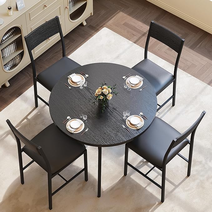 Pamapic Round Dining Table Set for 4, Kitchen Table and Chairs for 4, Dining Room Circle Dinner Pedestal Table, Solid Metal Frame, Space Saving Wood Small Kitchen & Dining Room Furniture, Black