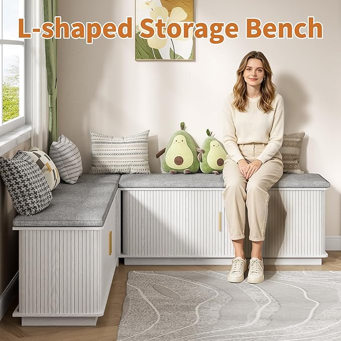 L-Shape Storage Bench with Cushion, Corner Dining Bench with Hidden Storage, Breakfast Nook Bench for Dining Room, Kitchen, Entryway, Cloakroom, White