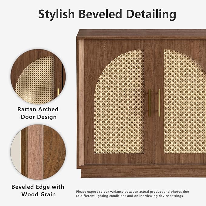 FORTUNETEC 63" Sideboard Buffet Cabinet with Storage, Modern Accent Cabinet with Rattan Arched Doors, Modular Media Console, Boho Credenza for Living Room Kitchen Dining Room Entryway, Walnut