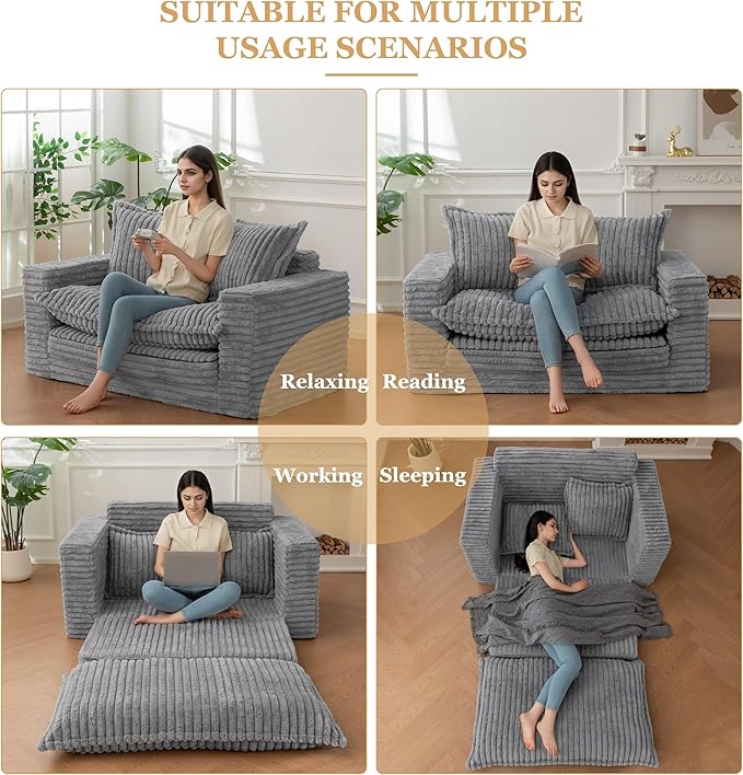 YOSHOOT Loveseat Sleeper Sofa, Convertible Sofa Bed Couch Futon Couches for Living Room, 3-in-1 Pull Out Floor Couch with Cushion and Pillows, Dark Grey