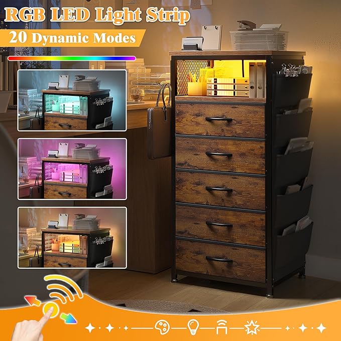 EnHomee Nightstands Set of 2 with 5 Drawers, Dresser with Charging Station and LED Light, Tall Nightstand with Extra Side Bag & Hooks, Bedroom, Closet, Hallway, Entryway, Rustic Brown