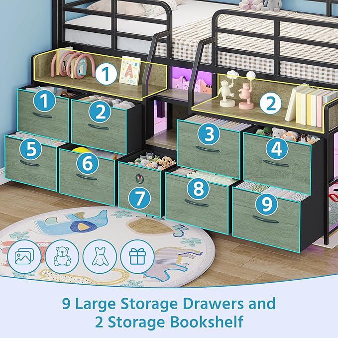 Dnxao Low Loft Bed Twin with 9 Drawers 2 Storage Bookcases,Twin Bed Frame for Kids with LED Lights and Charging Station,15" H Safety Guardrail,Under-Bed Play Space, Oak Gray