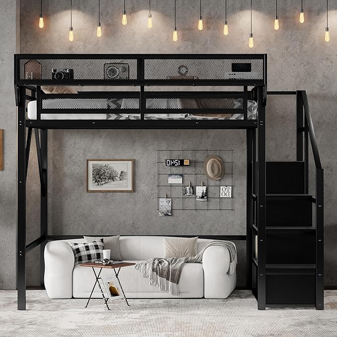 KEIKI Full Size Metal Loft Bed Frame with Convertible Staircase, Built-in Storage Shelves and Wardrobe, Loft Bed with Solid Slats, Guardrail, No Box Spring Required, Easy Assembly, for Bedroom, Black