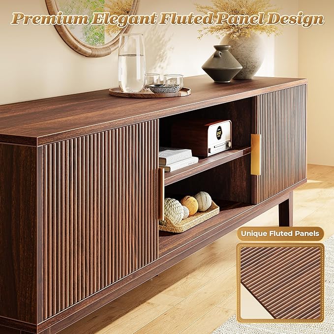 PRAISUN 54 Inch Fluted TV Stand for TVs Up to 55, 60 Inch, Mid Century Modern Entertainment Center with Storage, TV Console with Adjustable Shelves, Midea Console for Living Room Bedroom, Brown