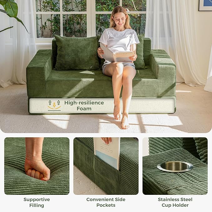 MAXYOYO Loveseat Sofa Bed, 64" Foldable Floor Sofa Couch in A Box with 2 Cup Holders, 4 in 1 Convertible Boneless Couch Folding Recliner Sleeper Chair for Living Room, No Assembly Required, Green