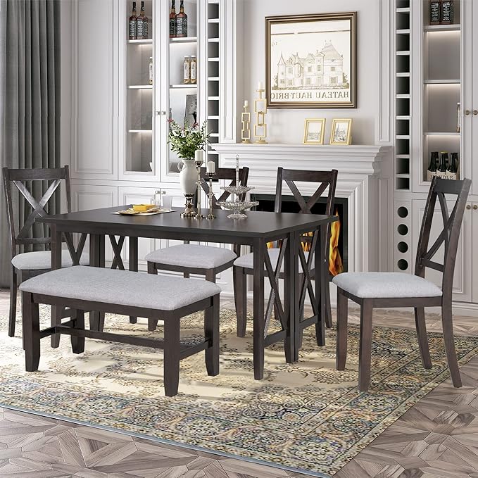 Harper & Bright Designs 6-Piece Family Dining Room Set Solid Wood Space Saving Foldable Table and 4 Chairs with Bench for Dining Room (Espresso)