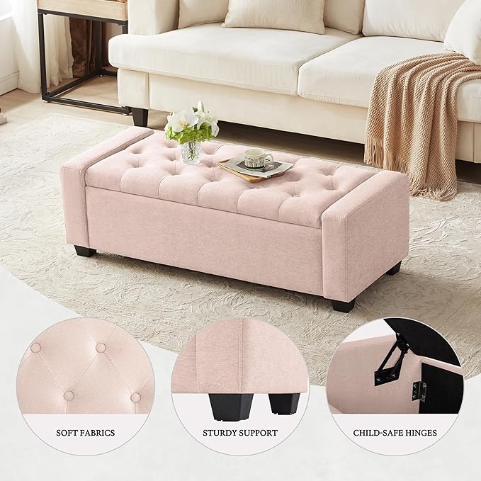Huatean Home 48" Ottoman with Storage, Pink Storage Ottoman Bench with Safety Hinge, Upholstered Entryway Bench with Seating for Bedroom, Living Room, Holds up to 330 lb