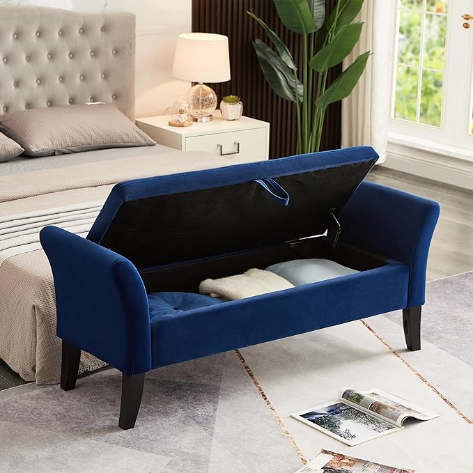 Furniliving Storage Ottoman Bench, Velvet Benches End of Bed Bench with Solid Wood Legs Upholstered Ottoman with Storage Indoor Bench for Living Room with Rolled Arm, Entryway, NavyBlue