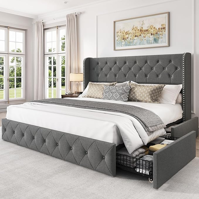 LARMACE Upholstered King Size Bed Frame with 4 Storage Drawers and 47.2" Tall Wingback Headboard Tufted Platform Bed Frame Linen Beds with Wooden Slats Support, Easy Assembly, Light Grey