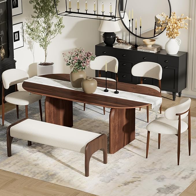 6-Piece Mid-Century Modern Dining Table Set, 63" Walnut Rectangular Table with 4 Dining Chairs & Bench, Dining & Kitchen Room Set for 6, Space-Saving Rustic Dining Set, Beige