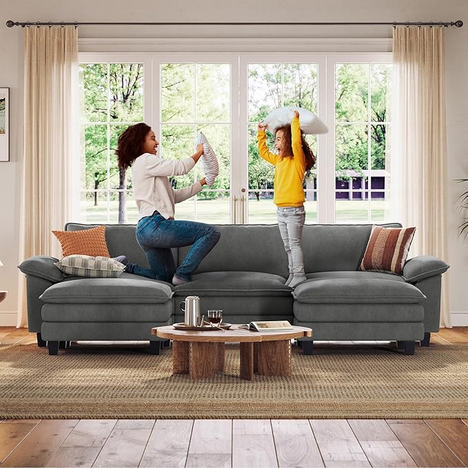 LINSY HOME 123" Modular U-Shaped Sectional Sofa, 3-Seat Corduroy Modern Cloud Couch with Deep Seat & 2 Movable Ottoman, Perfect for Living Room, Office, Bedroom, Grey