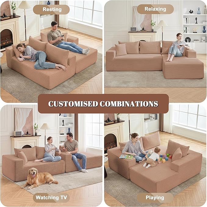 Mangodan 110” Cloud Sectional Couch, Boneless Sofa for Living Room, Modular Sectional Sofa with Deep Seat, Comfy Fluffy Couch with L-Shaped Chaise, No Assembly Required (Right-Facing Chaise, Camel)