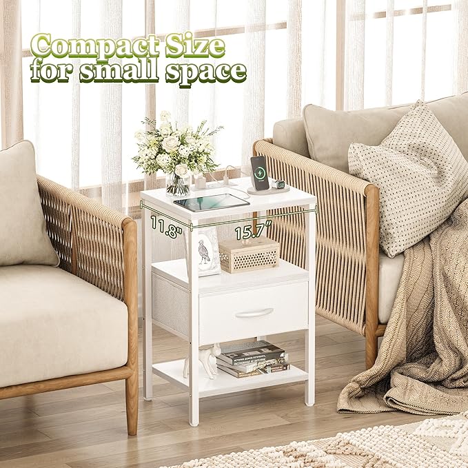 SUPERJARE Nightstand Set of 2, Bed Side Tables with Charging Station, Adjustable Fabric Drawer, Night Stand for Bedroom, 3-Tier Storage End Tables, White, 8694WC