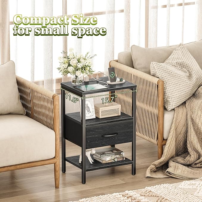 SUPERJARE Nightstand with Charging Station, Bed Side Table with Adjustable Fabric Drawer, Night Stand for Bedroom, 3-Tier Storage End Table, for Living Room, Charcoal Black Wood Grain Print