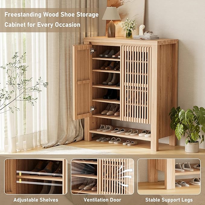 INNOD 43" Tall Shoe Storage Cabinet with Doors, 8-Tier Entryway Shoe Cabinet with Adjustable Shelves, Modern Freestanding Shoes Rack Organizer Cabinet for Entryway Hallway Front Door