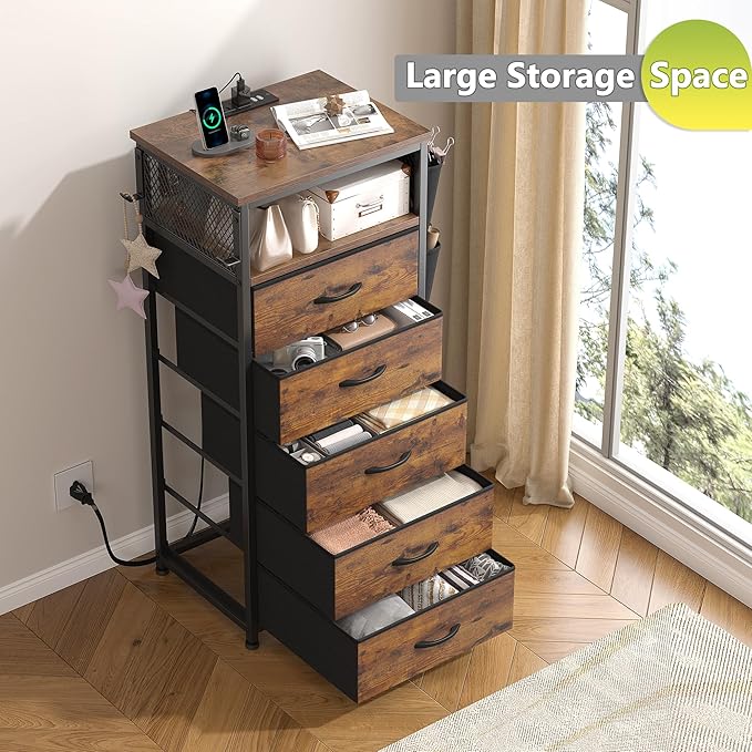 EnHomee Nightstands Set of 2 with 5 Drawers, Dresser with Charging Station and LED Light, Tall Nightstand with Extra Side Bag & Hooks, Bedroom, Closet, Hallway, Entryway, Rustic Brown