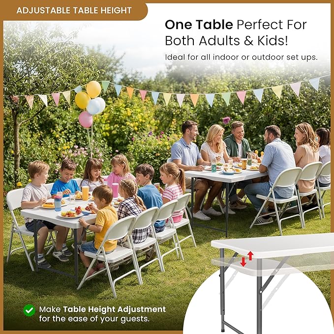 5.5 Feet ADJUSTABLE Foldable Table with Built in Handle & Steel Legs | 5.5FT Heavy Duty Folding Portable | Perfect for Party, Dining, Wedding, Events, Picnic Indoor, Outdoor, Camping, Utility, Folding