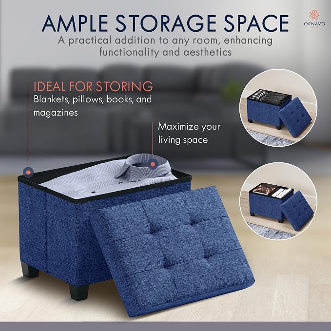 Ornavo Home Storage Ottoman Small Rectangle Ottoman with Legs, Foot Rest Stool Seat, Load up to 600 LB, for Living Room, Bedroom, Home Office, Dorm - 12 x 16 x 12, Navy Blue
