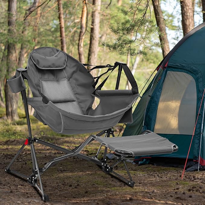 Ainfox Hammock Camping Chair with Footrest, Foldable Portable Rocking Chairs for Adults Outside Swinging Camp with Cup Holder Pillow for Outdoor Patio Poolside (Grey)