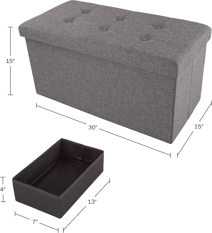 Lavish Home Folding Storage Ottoman - 30-Inch Folding Tufted Footrest, Linen Chest, or Bench with Removable Bin for Living Room, Bedroom, or Dorm (Dark Gray)