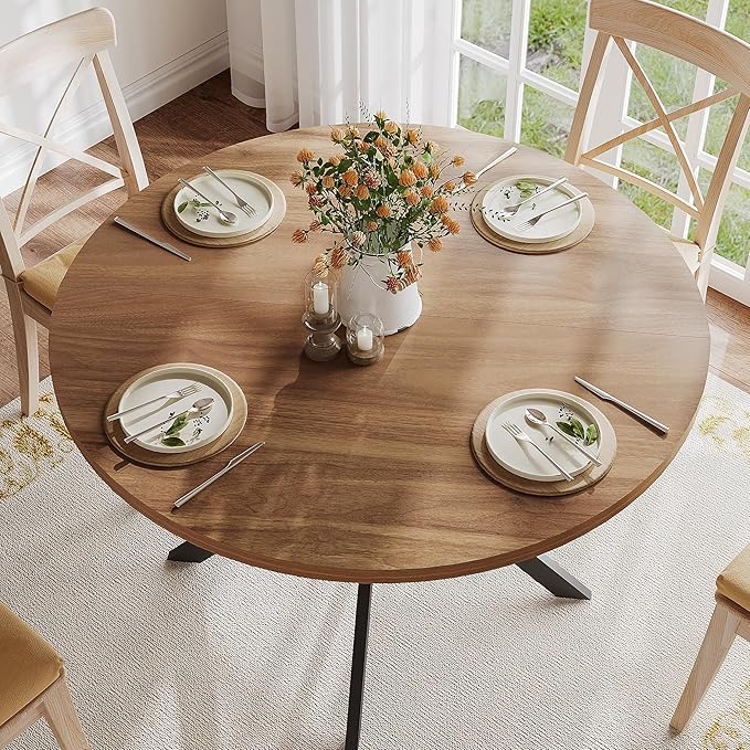 ChooChoo 47.2 Inch Round Dining Table for 4, Farmhouse Wood Kitchen Table, Round Dinner Table for Kitchen & Dining Room, Walnut