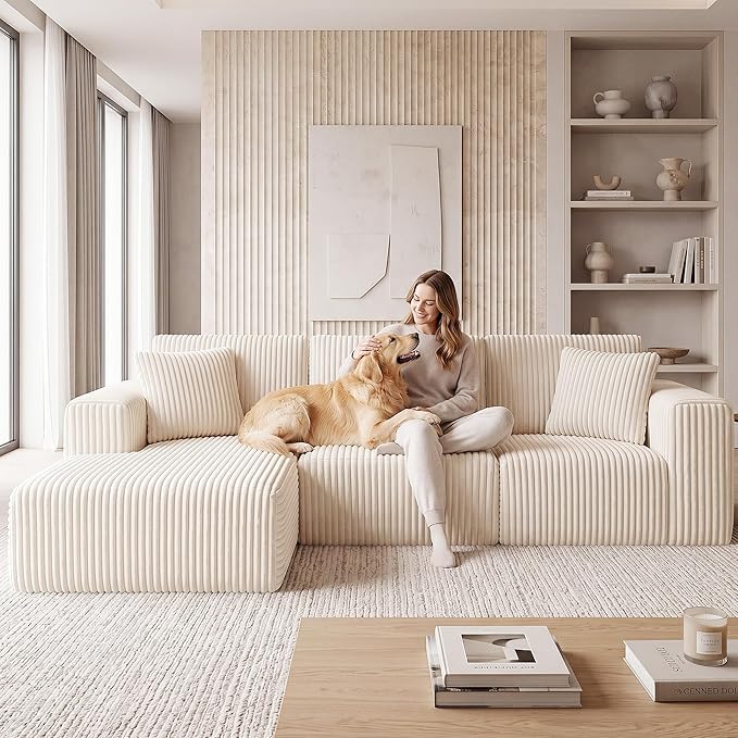 GRUSIGN 107'' Cloud Sectional Boneless Couches for Living Room, Modular L Shaped Couch with Deep Seat Oversized Left Facing Chaise, Memory Foam Compressed Spineless 3 Seater Sofa, Wide-Striped Beige
