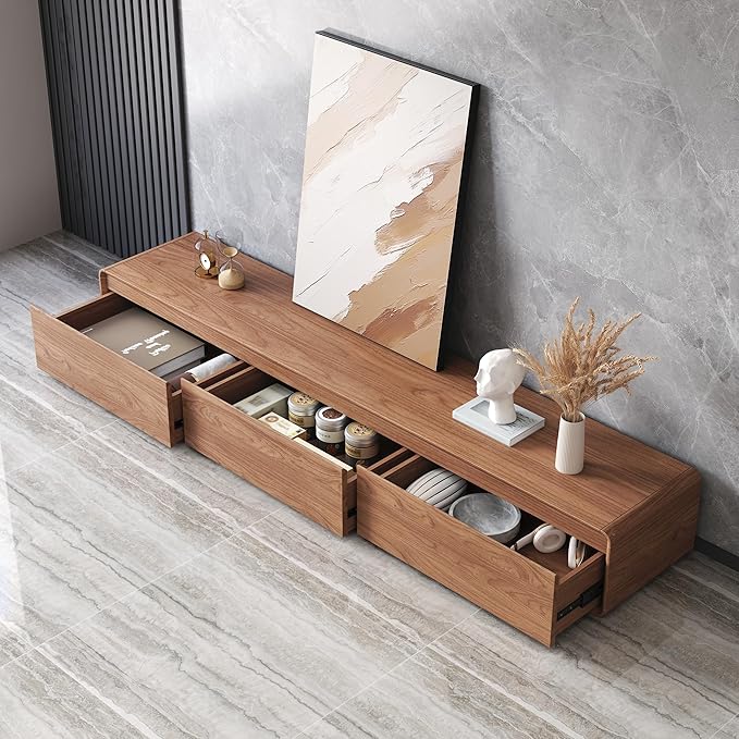 Floor Base TV Stand, Mid-Century Modern Media Console with 3 Storage Drawers, Fits 65–100 Inch TVs, Low Profile Entertainment Center(Walnut, 94.49", Floor Standing (Full Base))