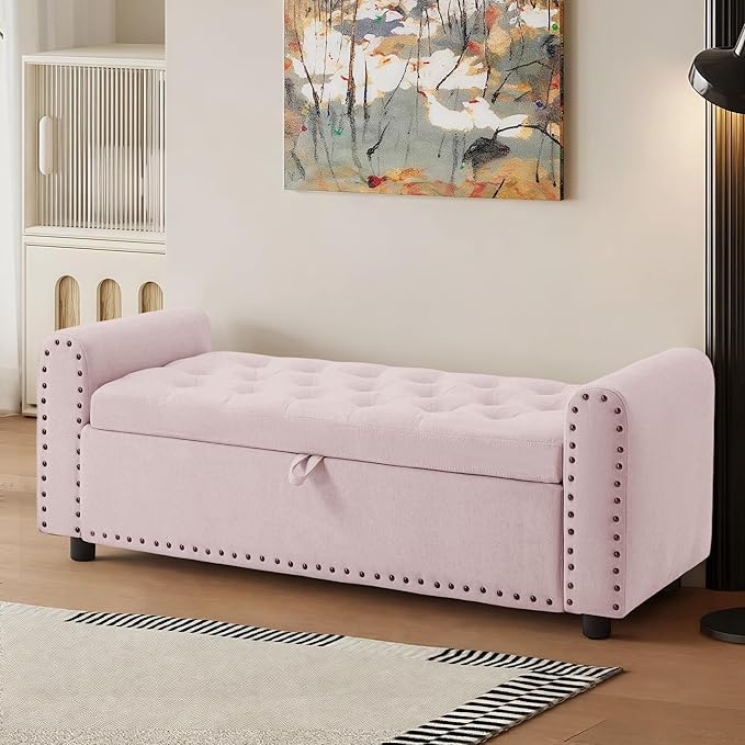 48" Ottoman with Storage, Tufted Storage Ottoman Bench, Convenient Living Room Fabrics Bench Seat, Entryway Shoe Benches with Inner Zipper & Arm, Upholstered Window Seat Ottomans with Rivets,Pink