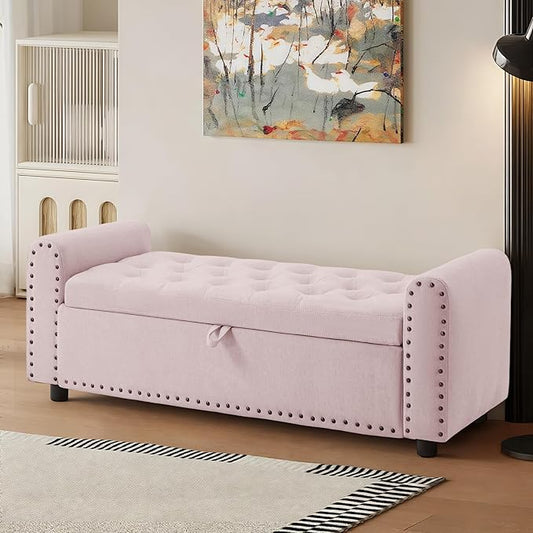 48" Ottoman with Storage, Tufted Storage Ottoman Bench, Convenient Living Room Fabrics Bench Seat, Entryway Shoe Benches with Inner Zipper & Arm, Upholstered Window Seat Ottomans with Rivets,Pink