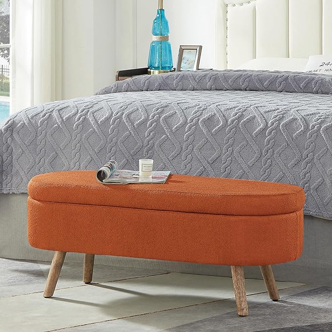 42.25" Ottoman with Storage, Storage Ottoman Bench with Safety Hinge, Foam End of Bed Bench, Upholstered Entryway Bench for Bedroom, Living Room & Window, Holds up to 330 lb, Orange