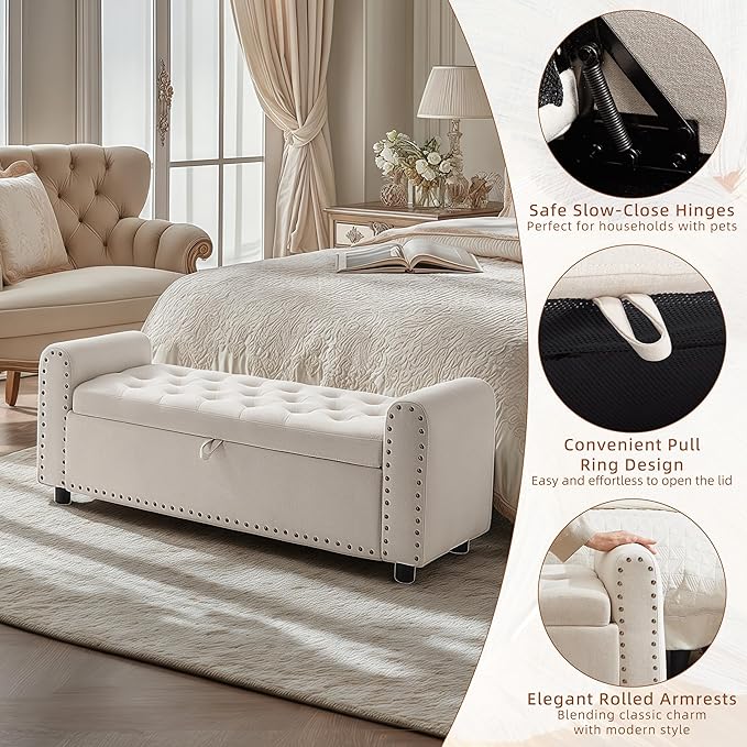 48" Ottoman with Storage, Tufted Storage Ottoman Bench, Convenient Living Room Fabrics Bench Seat, Entryway Shoe Benches with Inner Zipper & Arm, Upholstered Window Seat Ottomans with Rivets, Beige