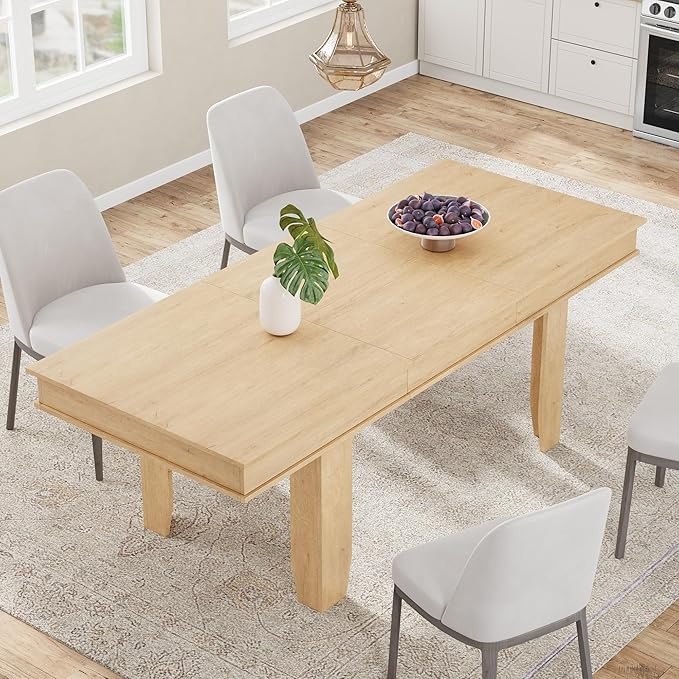 GarveeHome 63 in-86.6 in Extendable Dining Room Table for 6-10, Farmhouse Kitchen Tables w/Wooden Sturdy Frame, Large Rectangular Dinner Table for Dining Room, Kitchen