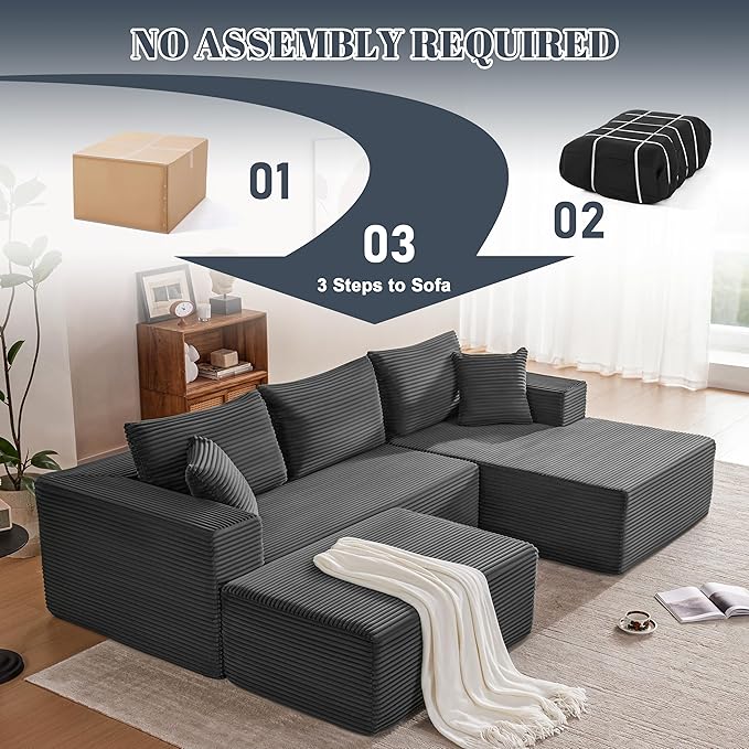 Mangodan 110” Cloud Sectional Couch, Boneless Sofa for Living Room, Modular Sectional Sofa with Deep Seat, Comfy Fluffy U-Shaped Couch with Right-Facing Chaise, No Assembly Required, Grey