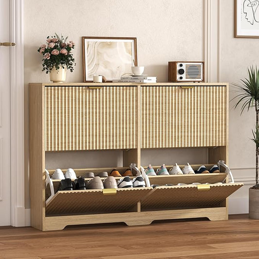 HUANLEGO Shoe Cabinet Storage for Entryway with 4 Flip Drawers, Oak Fluted Shoe Cabinet with Adjustable Shelves, Wooden Hidden Shoes Rack Freestanding Narrow Slim Shoes Storage for Hallway, Entrance