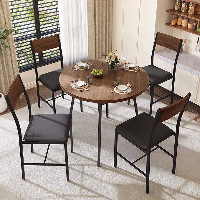 Pamapic Round Dining Table Set for 4, Kitchen Table and Chairs for 4, Dining Room Circle Dinner Pedestal Table, Solid Metal Frame,Space Saving Wood Small Kitchen & Dining Room Furniture,Walnut