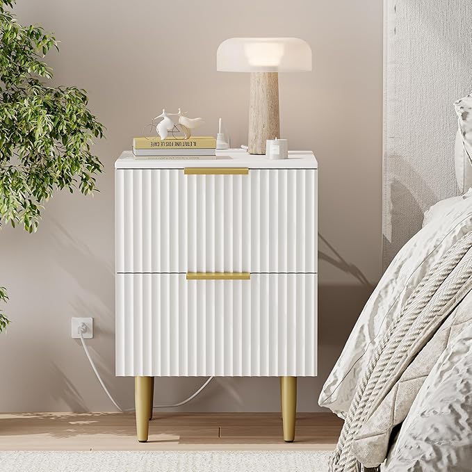 Akxomel White Nightstand Set of 2, Fluted Night Stand with Charging Station, 13.8" D x 15" W x 23.2" H, 2 Drawers Modern Bedside Table with USB Ports and Outlets, Golden Side Table for Bedroom