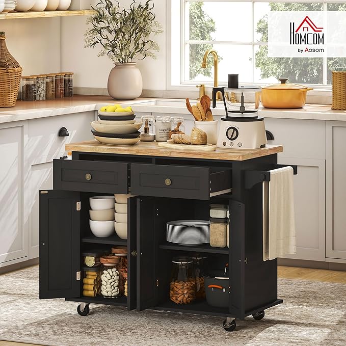 HOMCOM Kitchen Island Cart with Solid Wood Top, 44" Mobile Kitchen Island Table on Wheels with Storage Cabinets, 2 Drawers, Adjustable Shelves, Spice Rack & Towel Bar for Dining Room, Black
